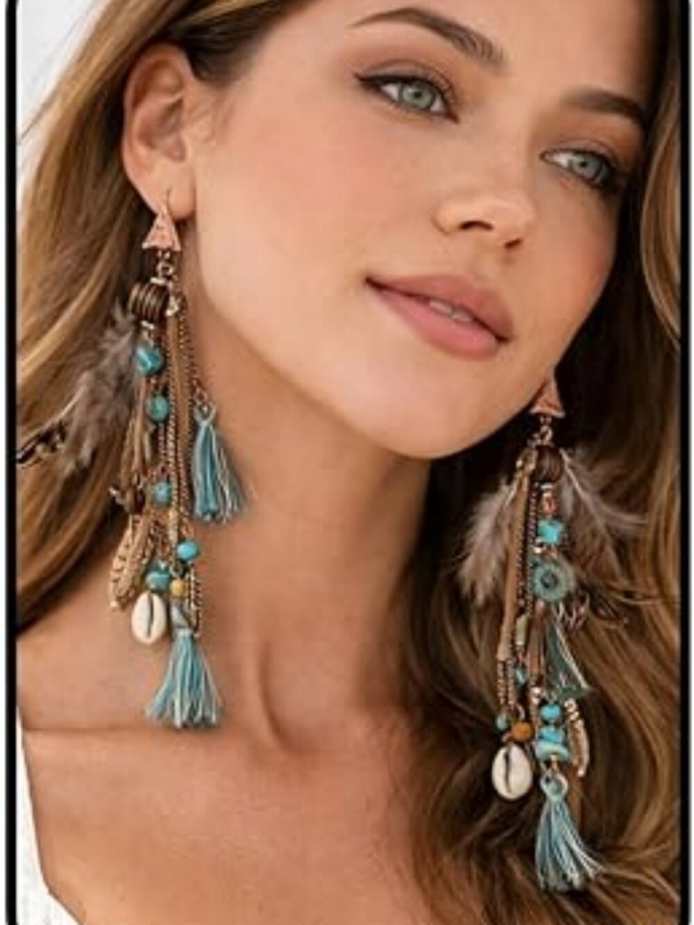 New Boho Feather Tassel Earrings Turquoise Beaded Tribal Dangle Long Drop Unique